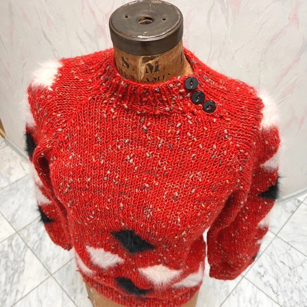 Handknitted Red Chunky Argyle Sweater Mock Neck Grannycore Cabin‎ Preppy Small